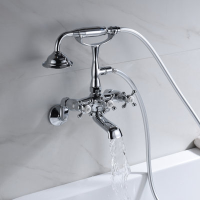SUMERAIN Triple Handle Wall Mounted Clawfoot Tub Faucet with Handheld Shower, Tub Filler with Brass Valve
