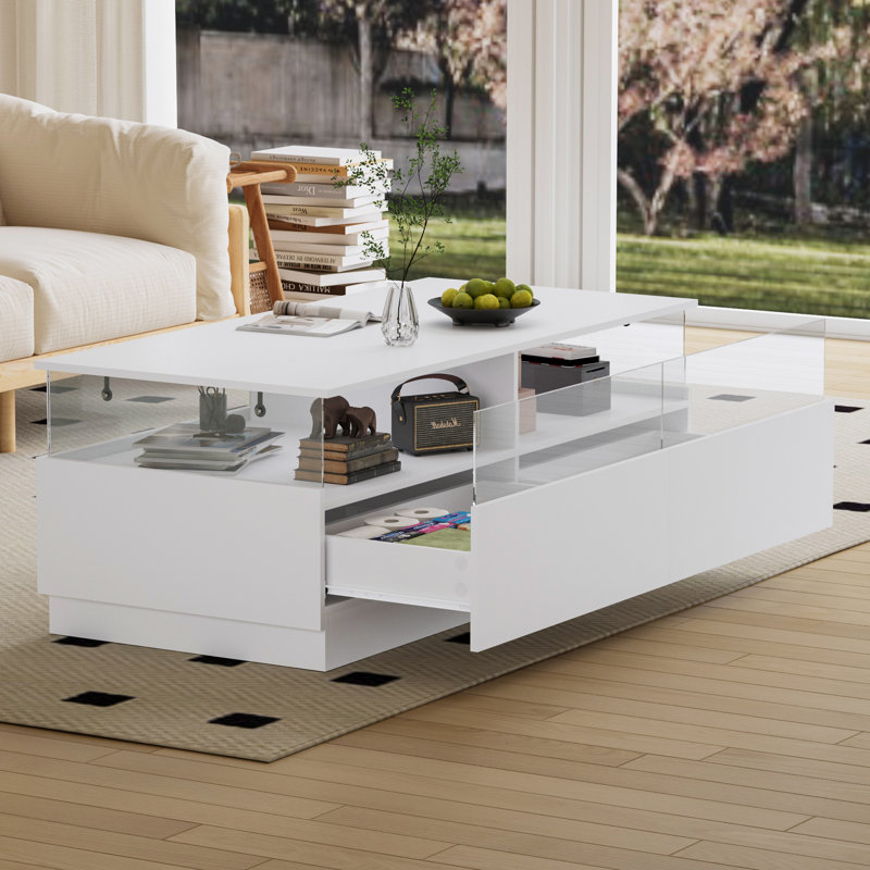 Alpena 108 W cm Rectangular Storage Coffee Table with 2 Drawers & LED Lights, White