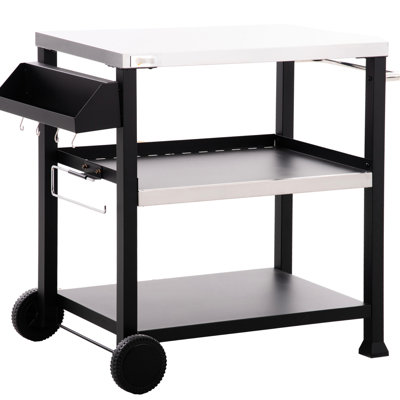 Support de barbecue portatif extérieur, plateau en acier inoxydable, 99,5 cm (L) x 64,8 cm (l), avec tablettes de rangement, table de barbecue noire à 3 étagères, plateau, étagère de 71,8 cm (L) x 50,2 cm (l).