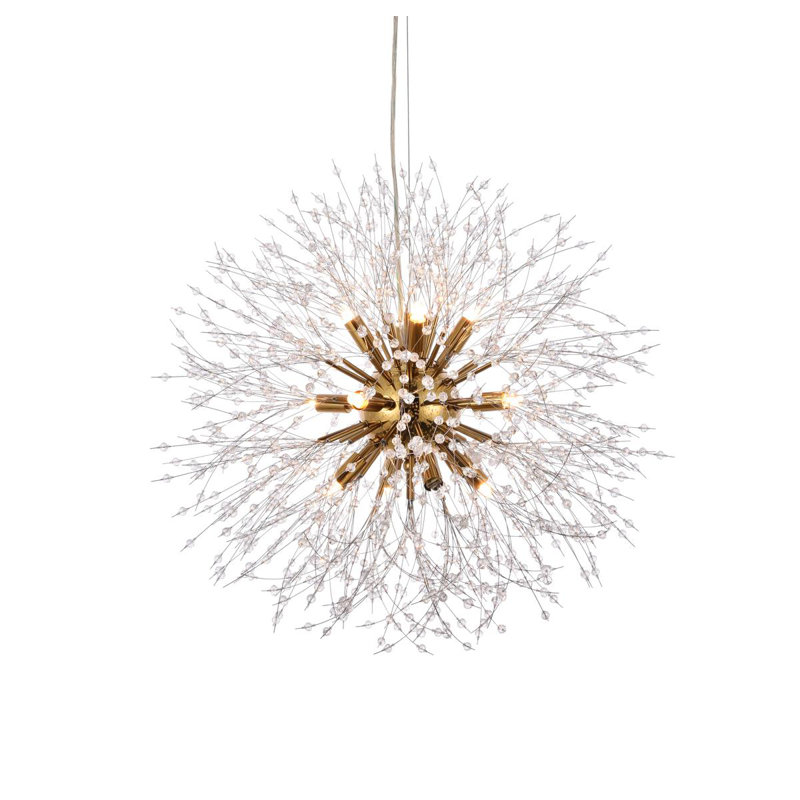 Luminaire suspendu sphérique unique avec détails en cristal, Doré, H 60 po x l 17,7 po x P 17,7 po, 9 lumières