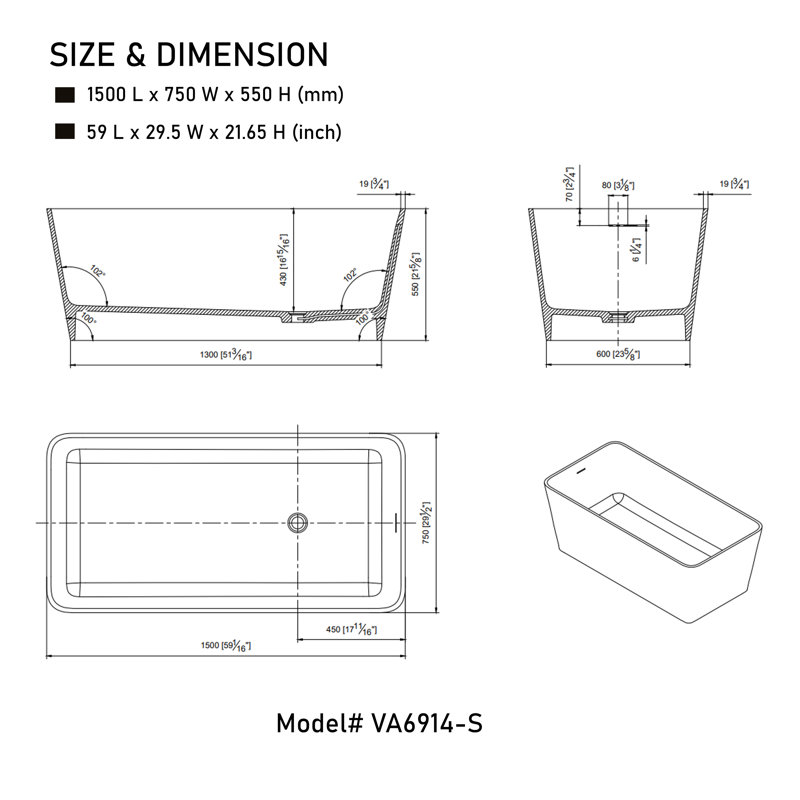 59'' x 30'' Freestanding Soaking Solid Surface Bathtub, Matte