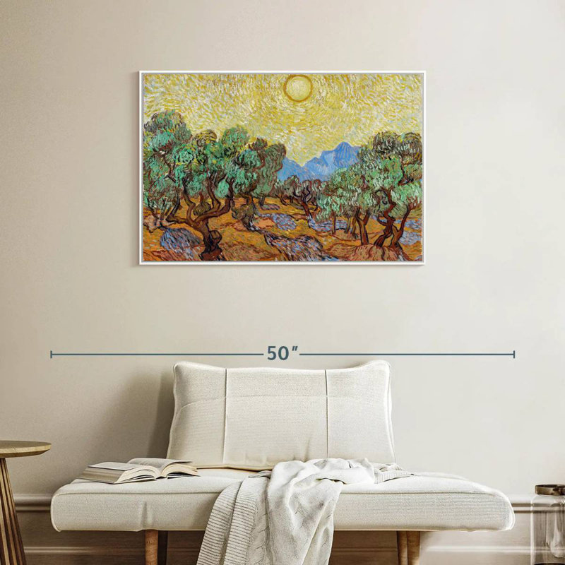 Oliviers avec ciel jaune et soleil, Cadre flottant blanc, 37 po x 25 po