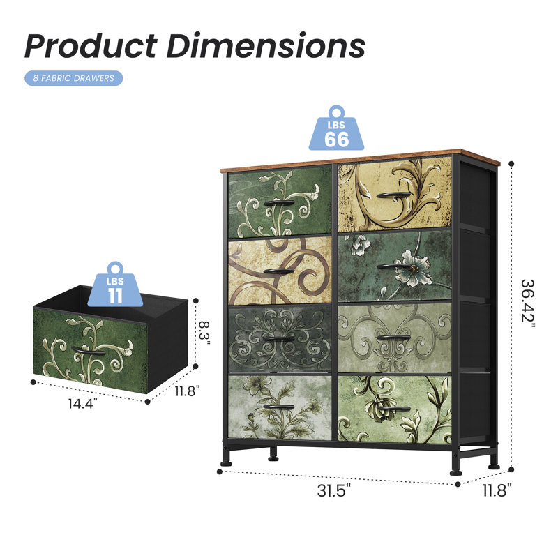 Bedroom Dresser with 8 Drawers Tall Dresser Chest of Drawers Fabric Dresser Modern Dresser, Multicolor Flower