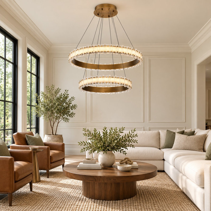43.75" Modern Urban Bronze 3-Tier Glass Ring LED Chandelier with Dimmable 3CCT Lighting, 2, Laiton antique