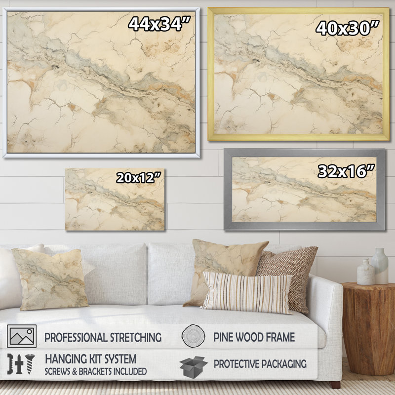 «Beige and White Marble River I», reproduction sur toile, Cadre flottant doré, H 34 po x l 44 po x P 1,5 po
