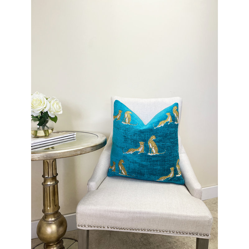 Embroidered Cheetah Chenille Throw Pillow Cover, 20" H x 20" W, Aqua