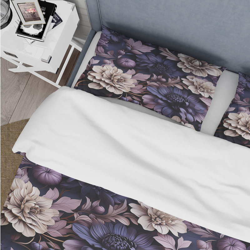 Literie Shadowed Blossoms Moody, Housse de couette pour grand lit et 2 taies décor