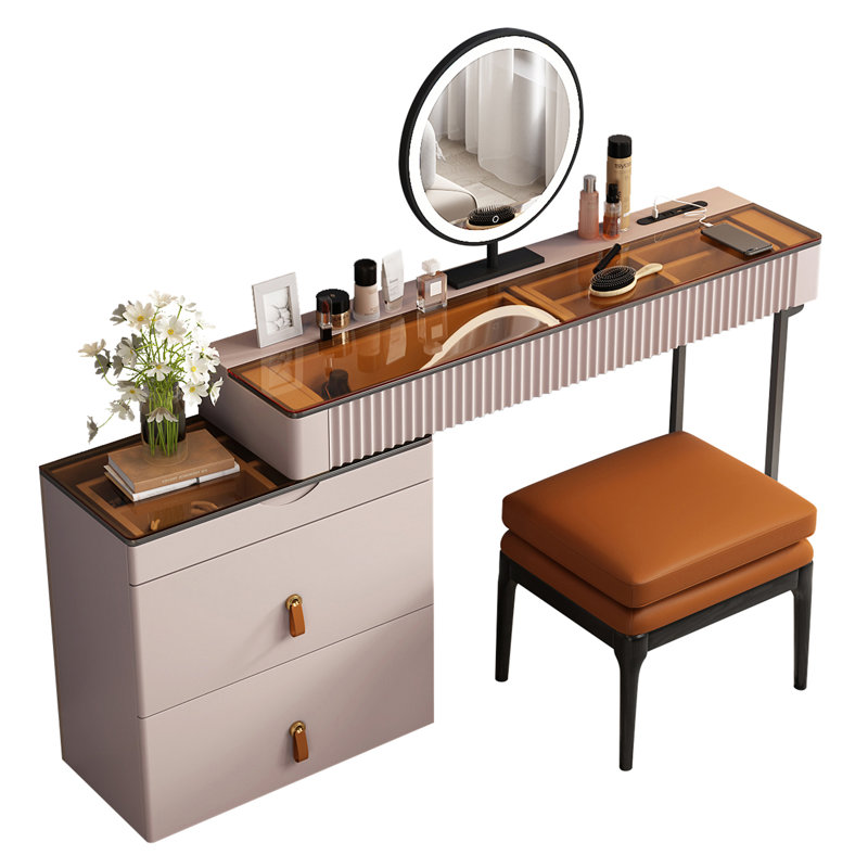 Dressing Table with Mirror, Grey/Pale Pink