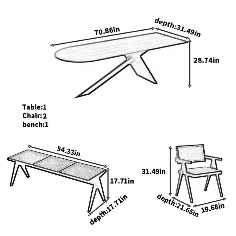 Combinaison de table et de chaises en bois massif rétro, H 28,74 po x L 70,86 po x l 31,49 po