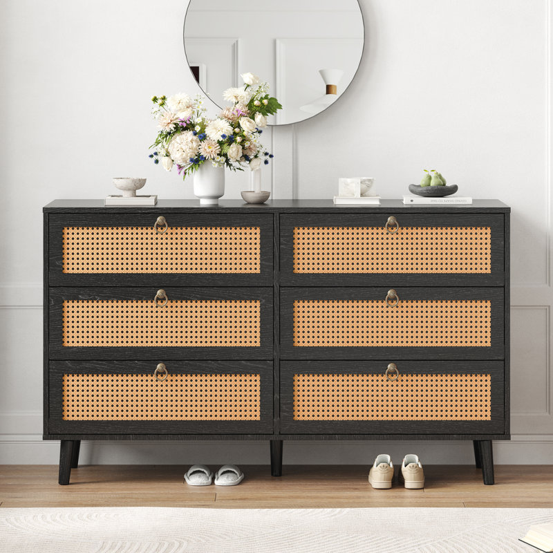 Commode double à 6 tiroirs en rotin pour chambre à coucher, commode, commode à tiroirs moderne, Noir, noir, noir, noir
