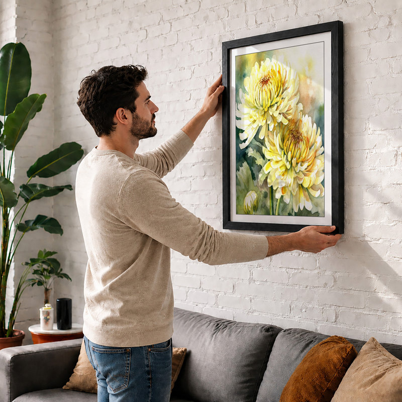 Chrysanthemums in Golden Light Botanical 1 Piece Single Picture Frame Wall Art, A2 - 59.4 x 42.0 cm, White