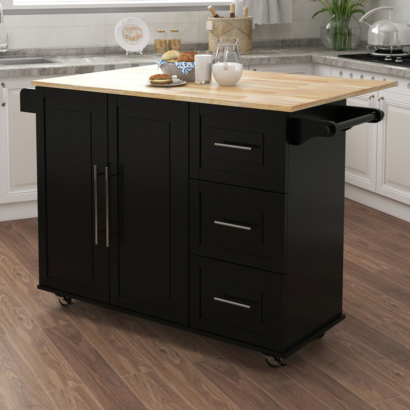 Îlot de cuisine avec étagère à épices, porte-serviettes et table extensible, îlot de cuisine, Noir