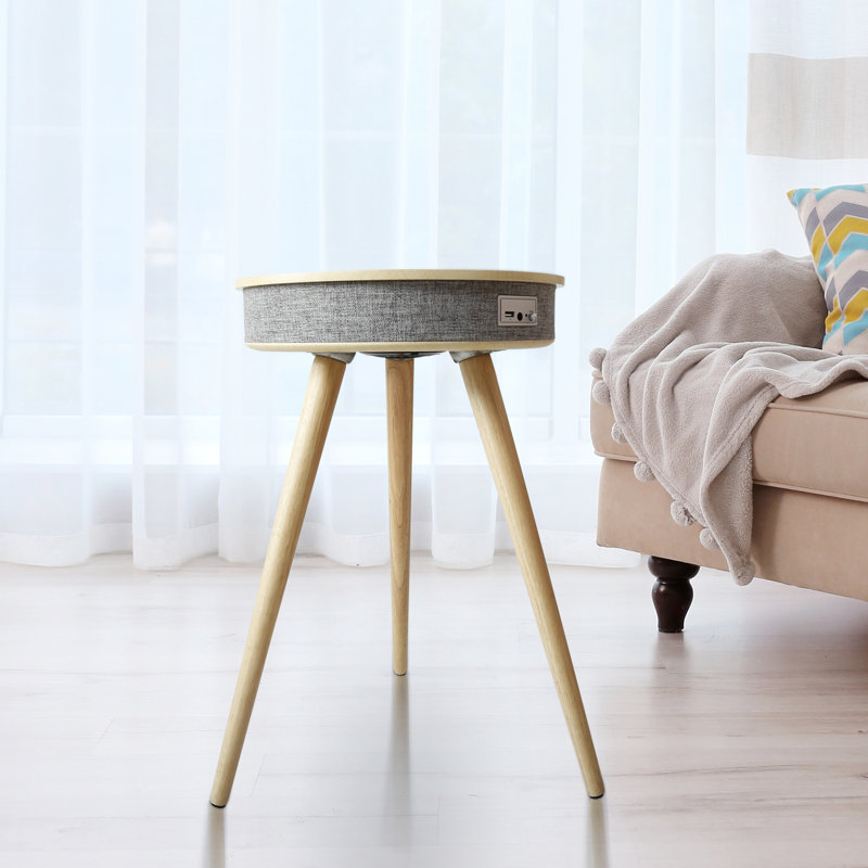 Joelina End Table with Wireless Charging and Bluetooth Speaker, Light Yellow Wood Top/Beige Base