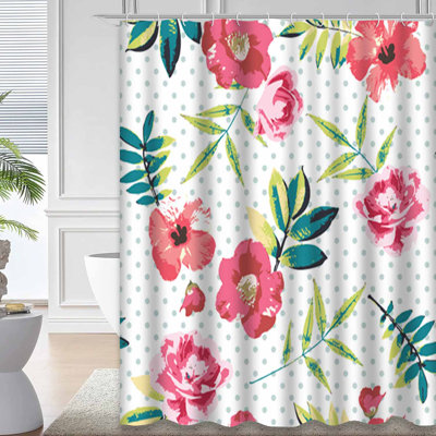 Rideau de douche imperméable à motif floral à pois tropicaux et hibiscus rétro avec 12 crochets