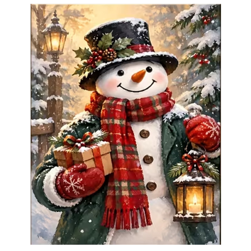 1pcs Snowman Canvas Wall Art Suitable for Christmas Decor with Lantern Gift Box - Retro Minimalist Winter Scene Painting.