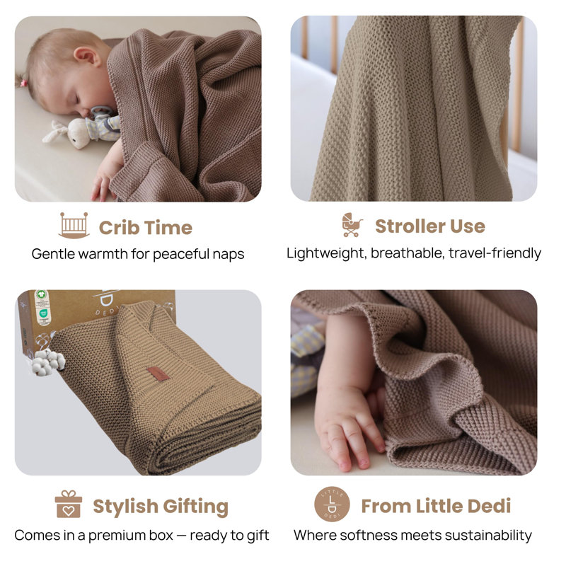Couverture pour bébé en coton biologique Little Dedi 30 po x 40 po, Moka Meringue - Certifié GOTS, Swaddle en tricot doux avec boîte-cadeau, couverture de chambre de bébé respirante pour lit de bébé et poussette, lavable à la machine