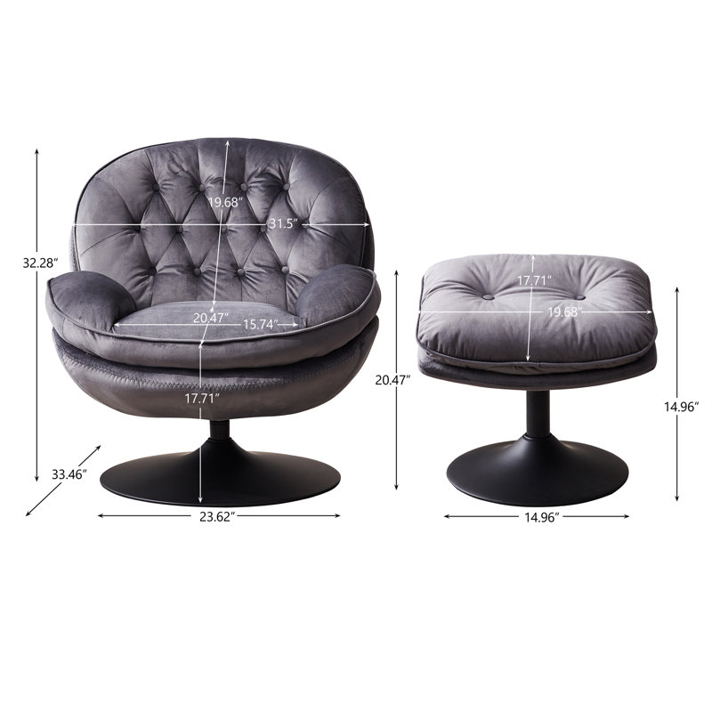 Zenon Velvet Swivel Accent Chair with Ottoman, Gray Velvet