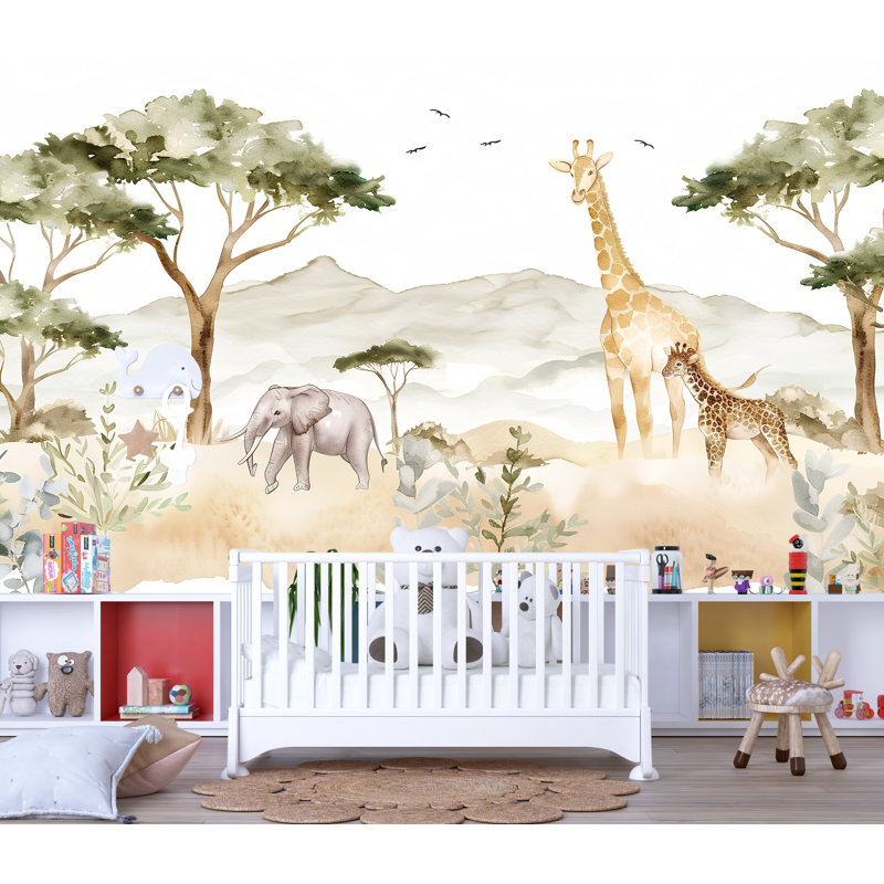 Murale animaux de safari | Papier peint Jungle Nursery avec girafe et éléphant, 100 po x 145 po, Premium Non-Woven