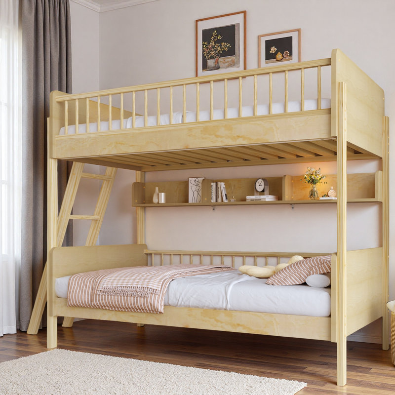 Lit superposé en bois avec 3 tablettes de rangement et échelle interchangeable, Naturel