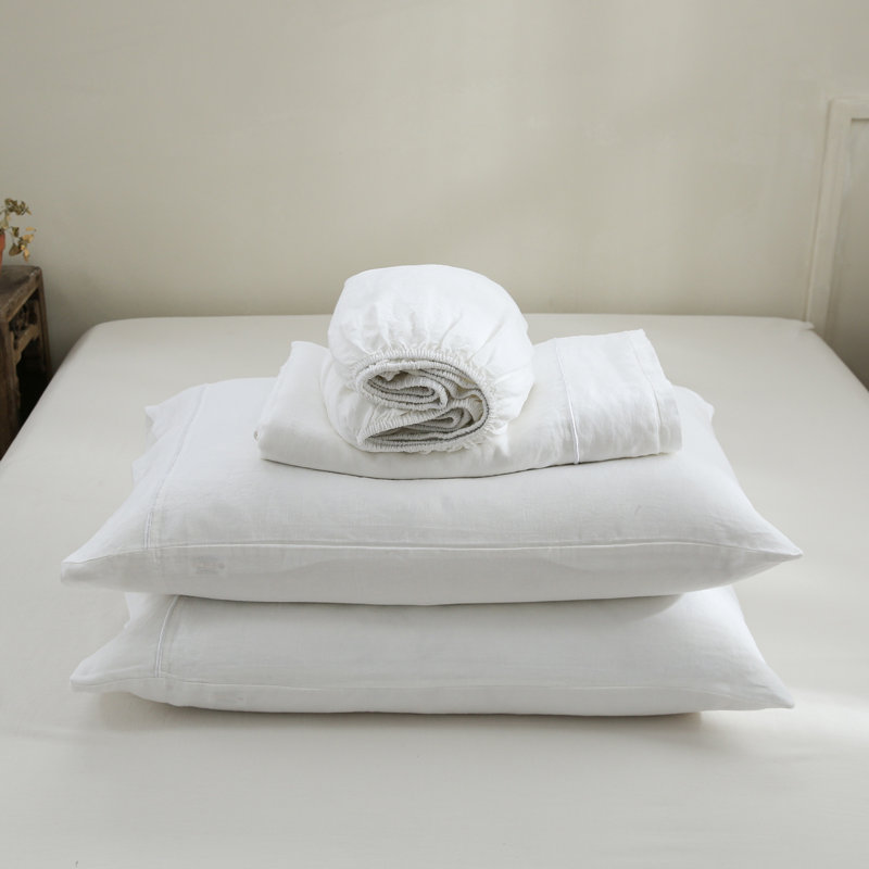 Linen Embroidery Sheet Set, King Sheet Set with 2 Pillowcases, White