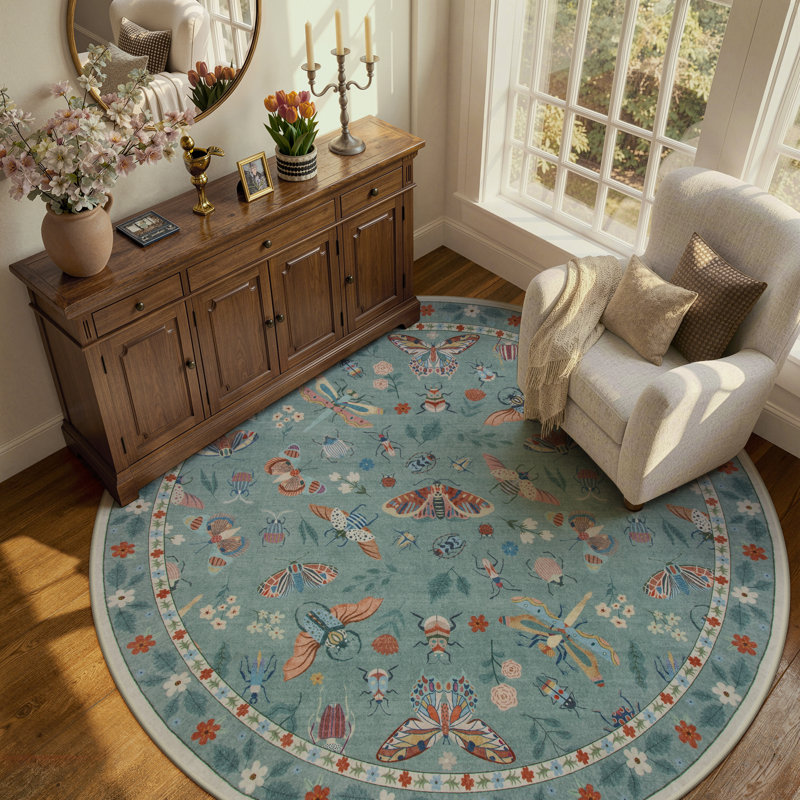 Goldene Animal and Insect Washable Floor Mat - Non-Slip Area Rug Non Slip Green Area Rug Low Pile Stain Resistant Throw Carpet for Dining Room