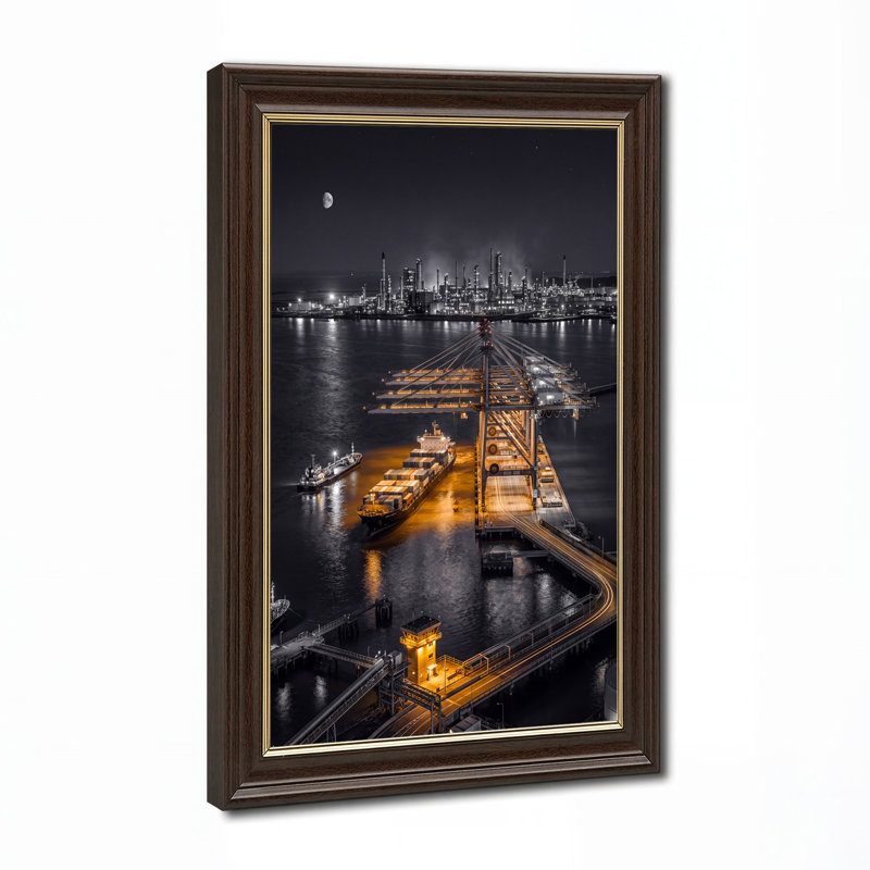 «Cargo Ship and Port Cranes at Industrial Harbor at Night», art mural sur toile, 18"H x 12"W