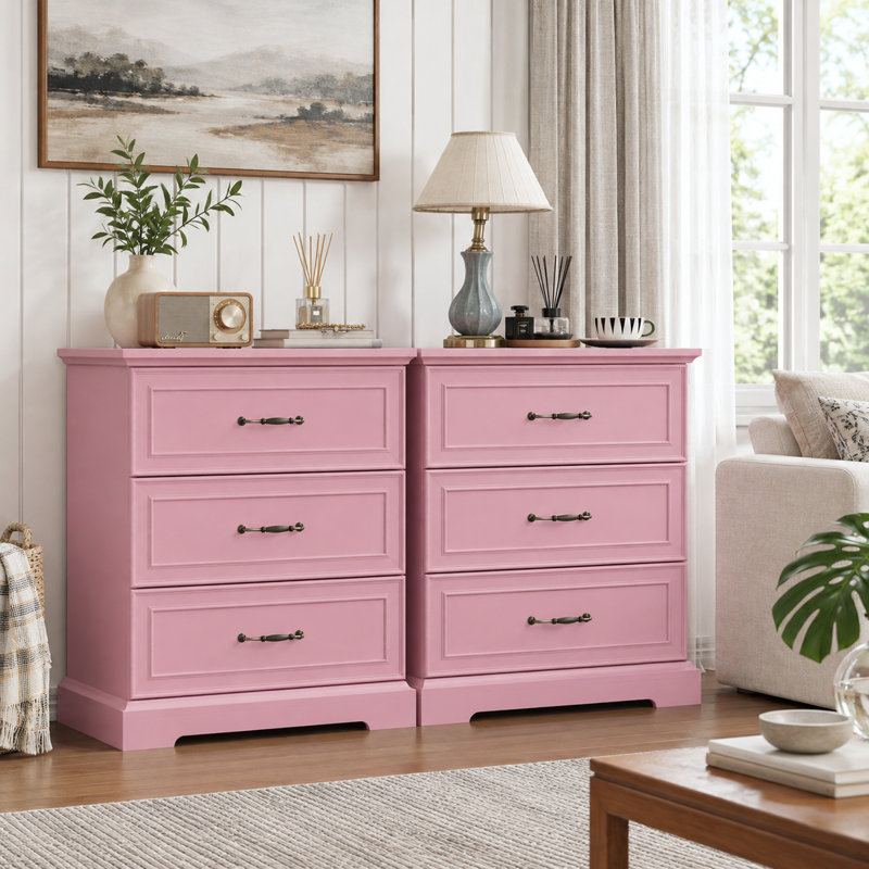 Ensemble de table de chevet à 3 tiroirs de 23,6 po avec 2 poignées en métal pour chambre à coucher, Pink