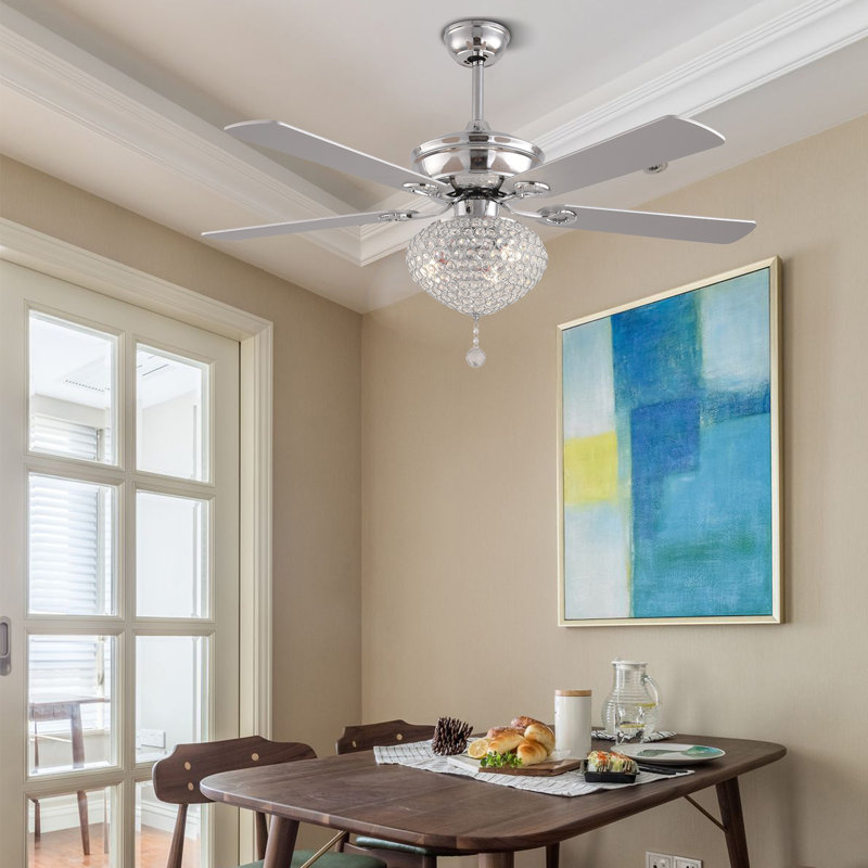 Damasio 52Inch 5 Wood Blades Luxurious Crystal Ceiling Fan Light With Remote Control