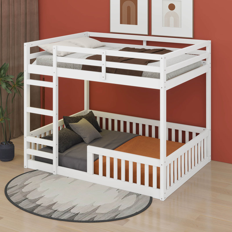 Full Over Full Wood Bunk Bed With Ladder And Guardrails, White