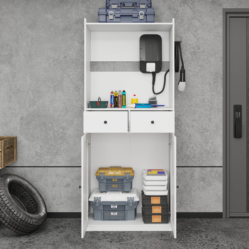 Armoire de rangement pour garage 74,2 "avec 2 tiroirs et 2 portes, organisateur de chargeur intégré