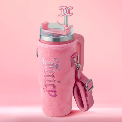 Juicy Couture Jetsetter With Velour Crossbody Pouch 30 oz Tumbler with Handle, Straw, Topper & Velour Cooler Sleeve