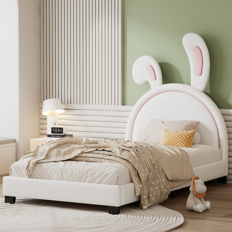 Lit plateforme tapissier en cuir avec ornement en forme de lapin, Pink, Lit simple
