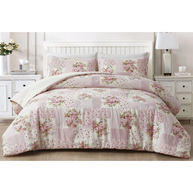 Full Size Pink Floral Cotton Reversible Comforter Set