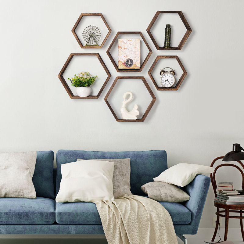 Tablette flottante hexagonale 3 tablettes, Noyers