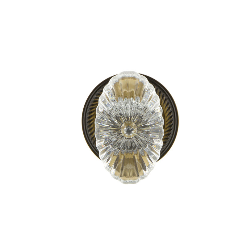 Rope Rosette with Oval Fluted Crystal Door Knob, Antique Brass, 2-3/4”