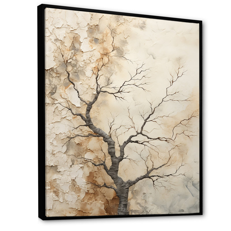 " Beige Trees Oak Solitude III ", Black Floater Frame, 40" H x 30" W x 1.5" D
