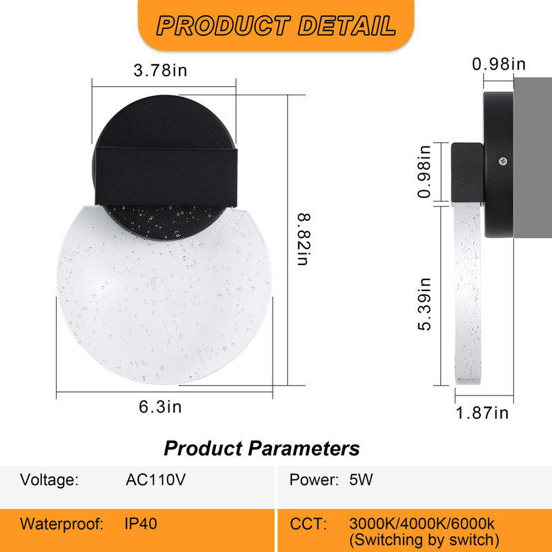 Modern Round Clear Acrylic LED Wall Sconce, Bubble Texture Wall Light for Bedroom, Bathroom, Living Room, Black