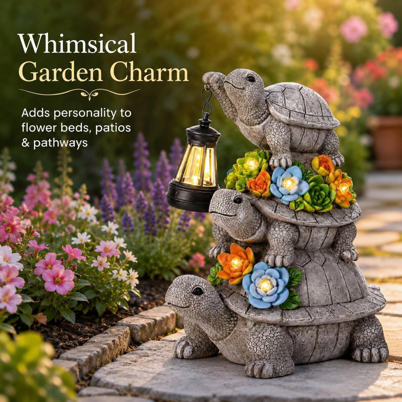 Resin Solar-Powered Stacked Turtle Garden Statue