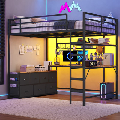 Lit mezzanine double avec bureau en U, 7 tiroirs de rangement et station de charge, lit mezzanine double en métal avec éclairage à DEL et tablettes de rangement à 2 niveaux, lit supérieur avec rails de sécurité et échelle, noir