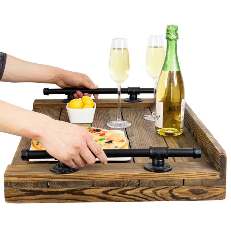 Dark Burnt Wood Stove Top Cover, Jumbo Decorative Farmhouse Serving Tray  with Industrial Black Metal Pipe Handles