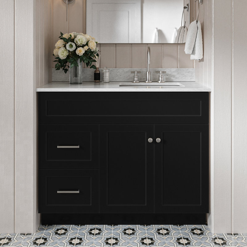 Partham 43'' Single Bathroom Vanity with Carrara Marble Top, Black