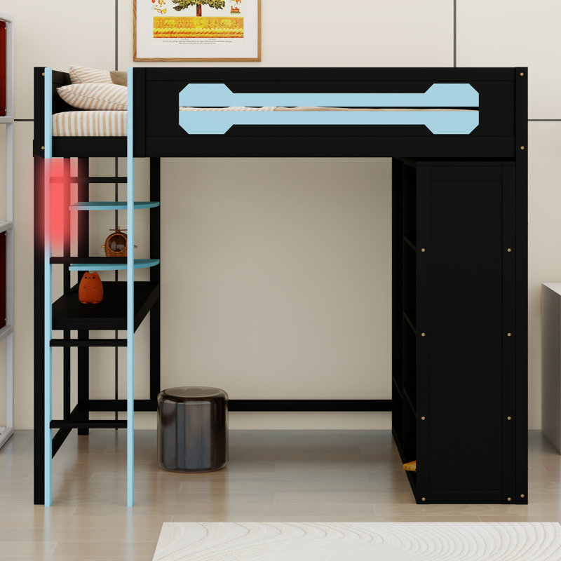 Modern Loft Bed with Integrated Desk and Open Wardrobe Storage, Blue