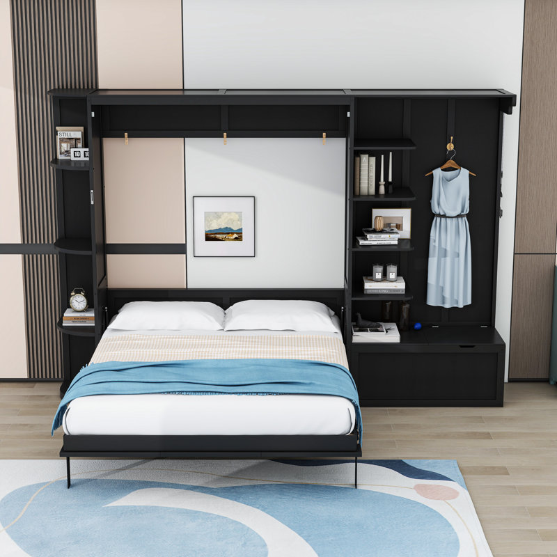 Grand lit escamotable avec tablettes de rangement et éclairage DEL intégré, Black