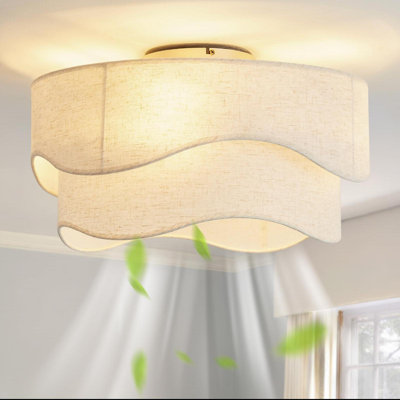 Flush Mount Ceiling Fan With Lights, Low Profile Boho Ceiling Fan With Light Remote Control, Caged Rattan With 6 Speeds, (Beige)