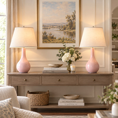 18'' Pink Ceramic Table Lamps Set of 2, Farmhouse Plug-In Bedside Lamps with Natural Linen Shade for Bedroom Living Room Entryway