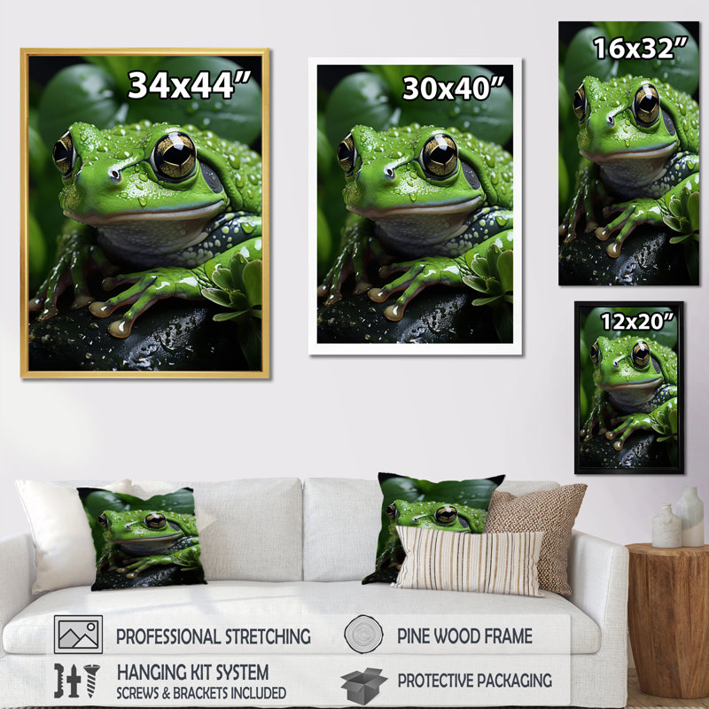 Green Frog Portrait, reproduction d'art sur toile, Cadre noir, H 32 po x l 24 po x P 1 po