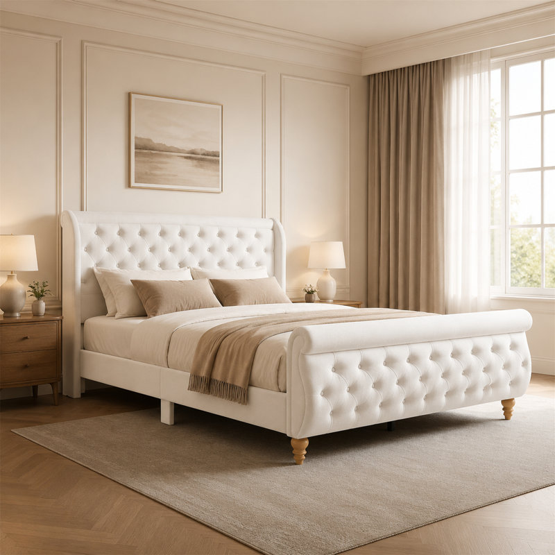 Lit traîneau Queen Size en velours avec tête de lit à oreilles, sans sommier, beige, Beige