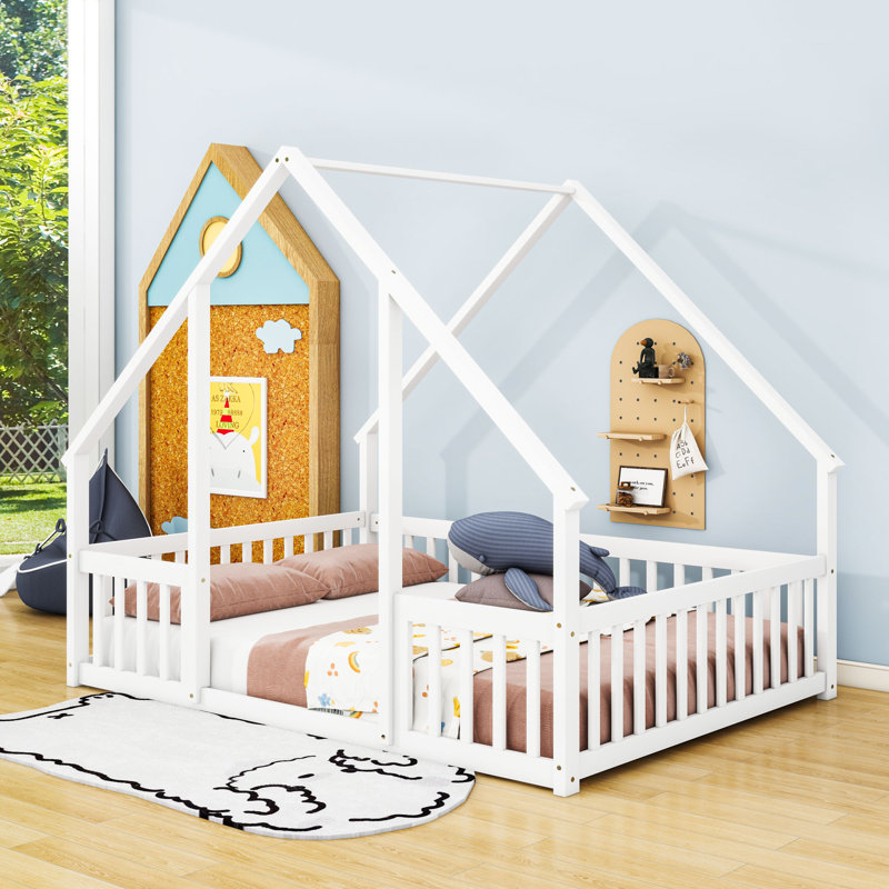 Wood House-Shaped Floor Bed With Fence, Full, White