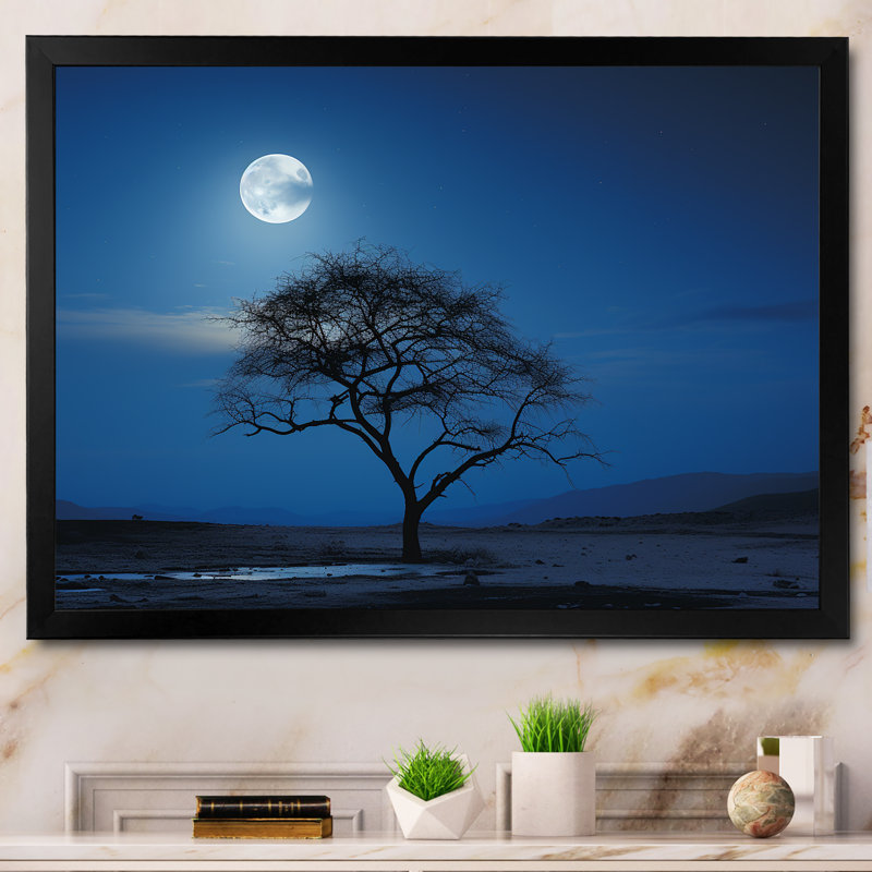 Bleu au clair de lune, arbre, désert - art mural arbre, Cadre d'angle fermé noir, H 24 po x l 32 po x P 1 po