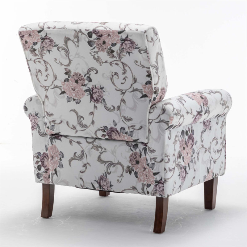 Fauteuil à accoudoirs roulés Traditional, structure en bois de bouleau massif avec pieds fuselés, chaise rembourrée en tissu de polyester imprimé pour plus de confort et de style